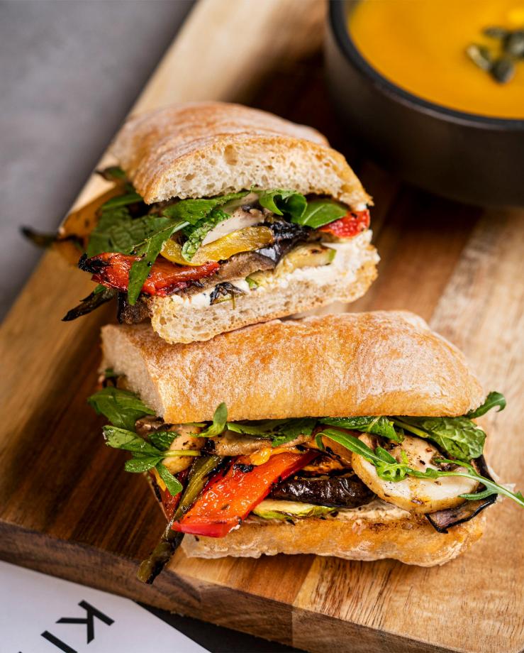 Sandwich cut in half showing contents